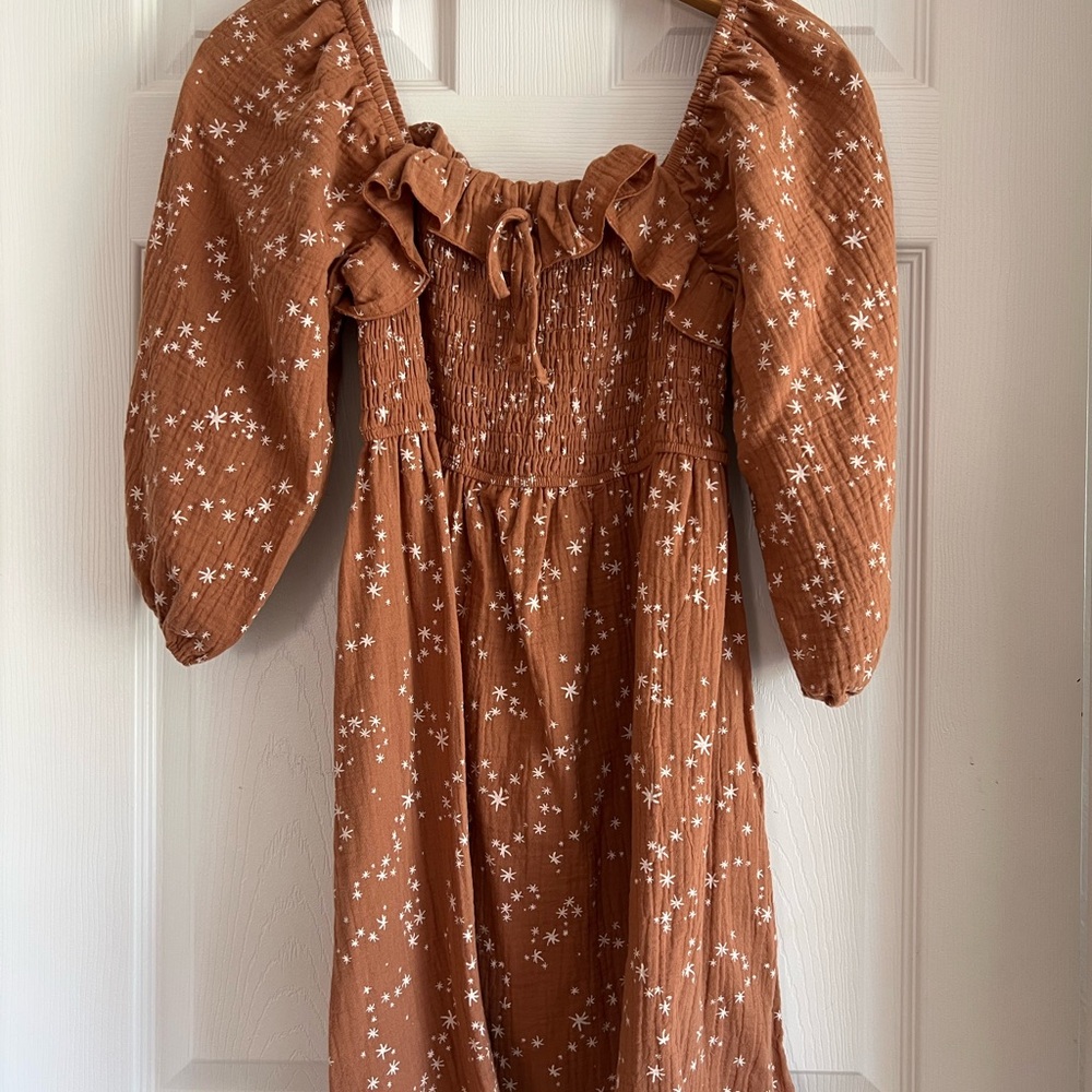 Rylee + Cru Brown Ruched Puff Sleeve Mini Dress